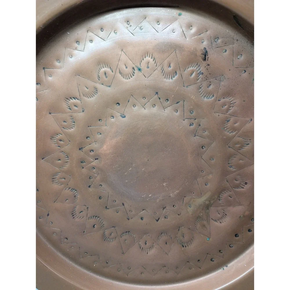 Vintage Hand Hammered Solid Copper Charger Geometric Design 12